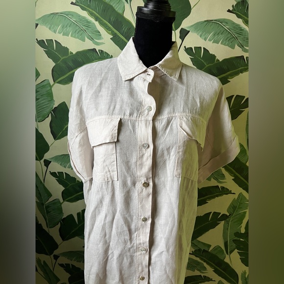 Paradise 100% Italian Linen Beige Button Front Short Sleeve Midi Dress M - Picture 3 of 9